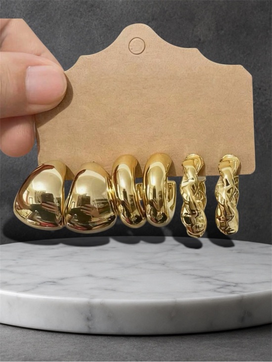 Jewelry - Gold Statement Earrings Set | 3 Pair Chunky Hoop & Twisted Earrings Bundle
